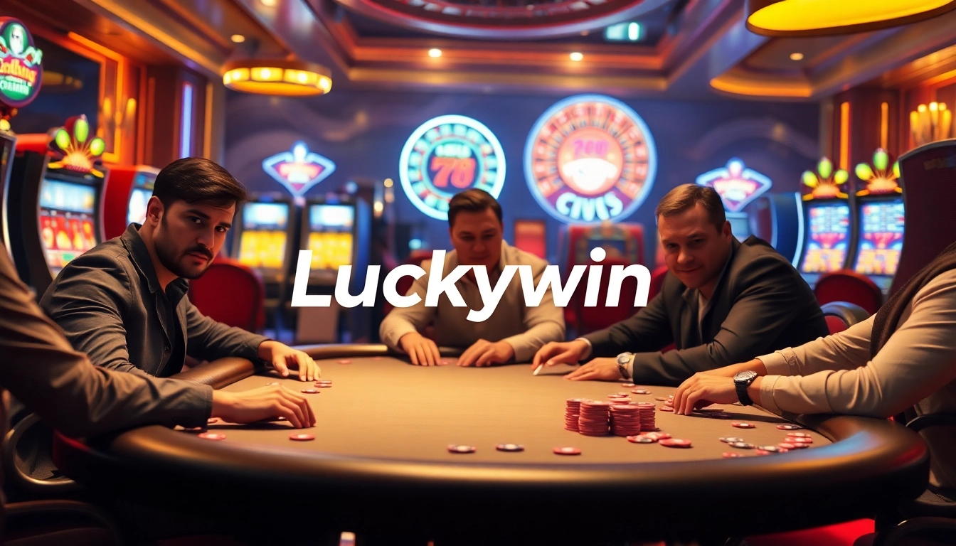 Players enjoying a thrilling poker game at an online casino, showcasing Luckywin vibes.