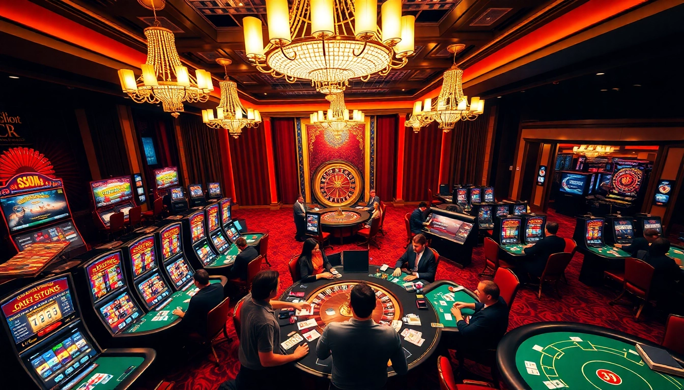 Experience high-stakes excitement at luck8 with glamorous casino gaming tables and vibrant slot machines.