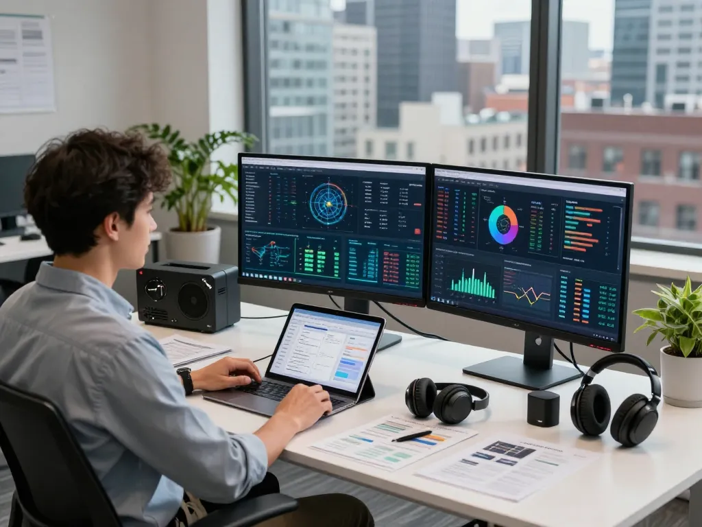 Data analyst working on TA88 project with dual monitors in a modern tech workspace