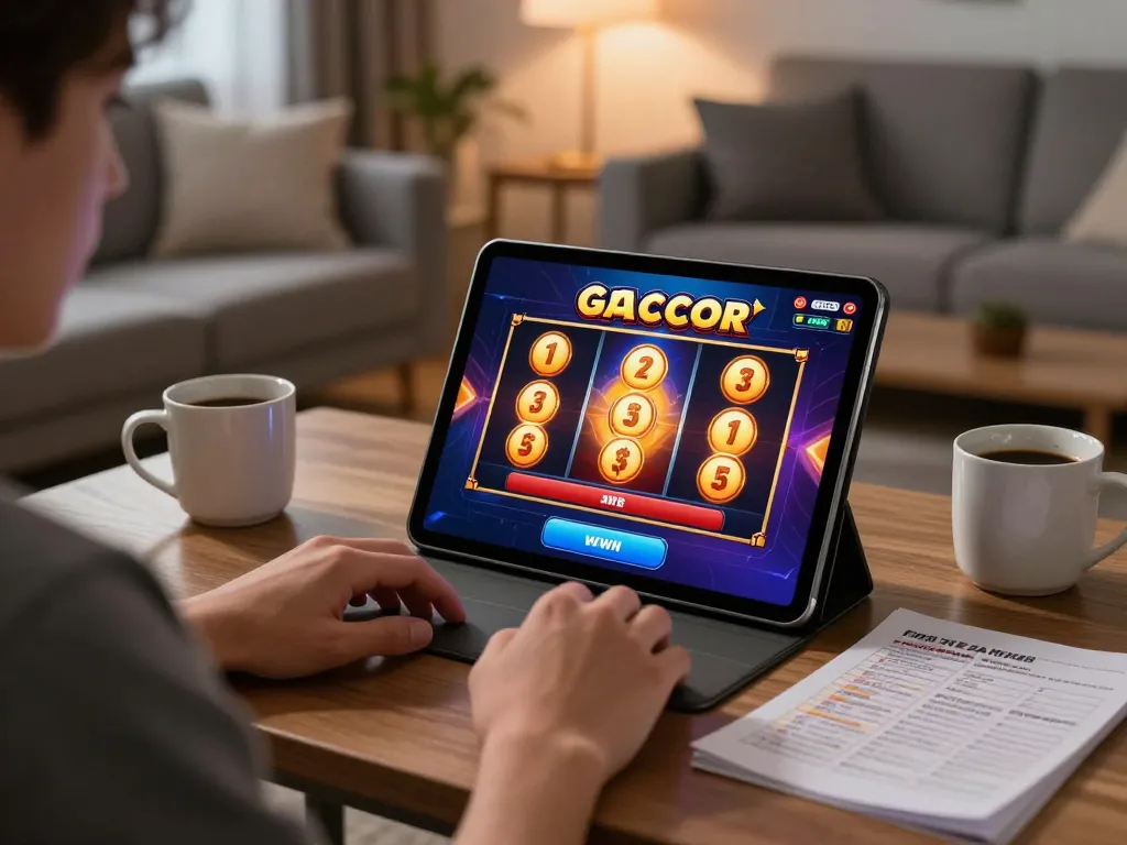 Player enjoying slot gacor with winnings displayed on tablet in cozy home setting.