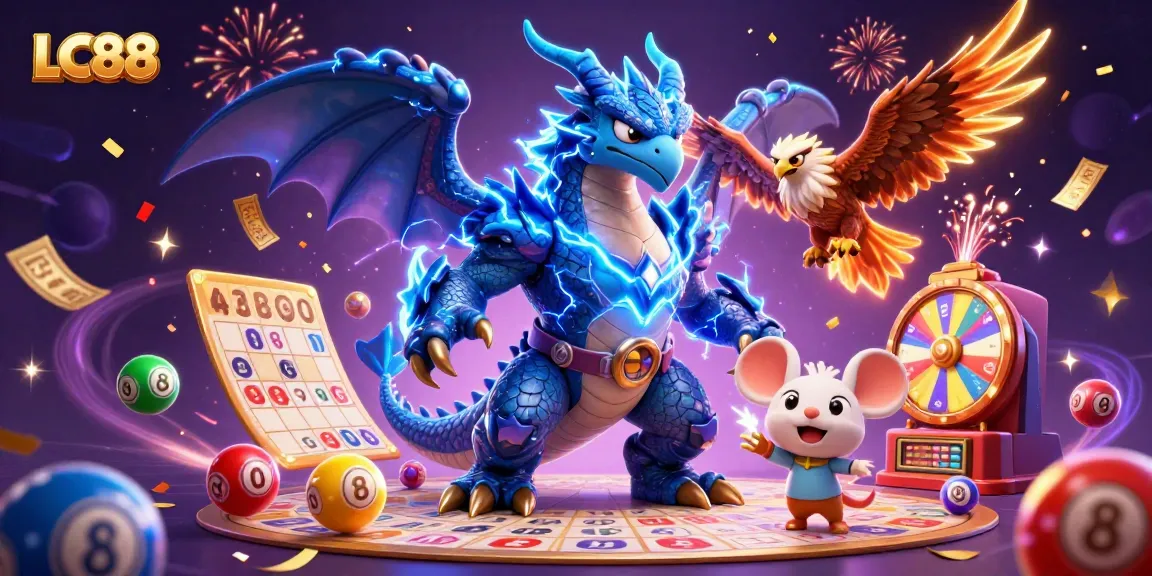 LC88 vibrant digital illustration with casino elements and characters in action.