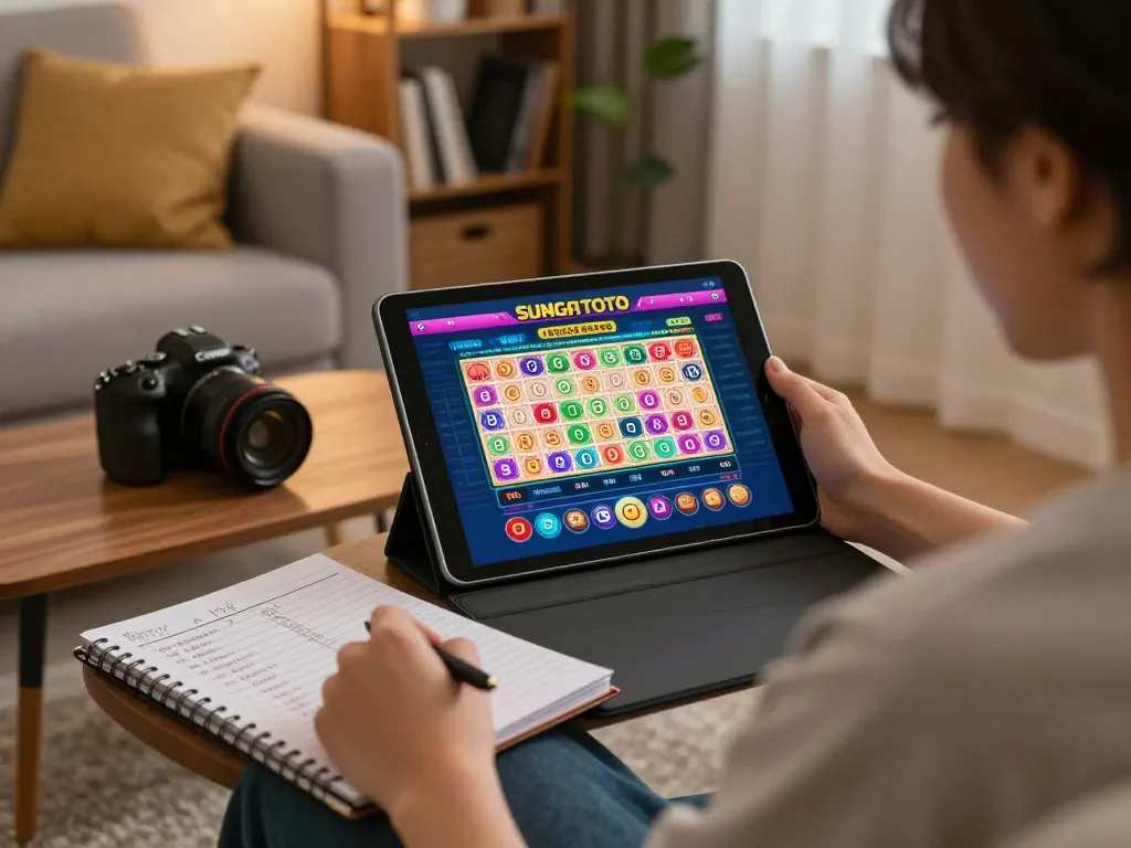 Engaging in online gambling on tablet with link sungaitoto in warm personal space.
