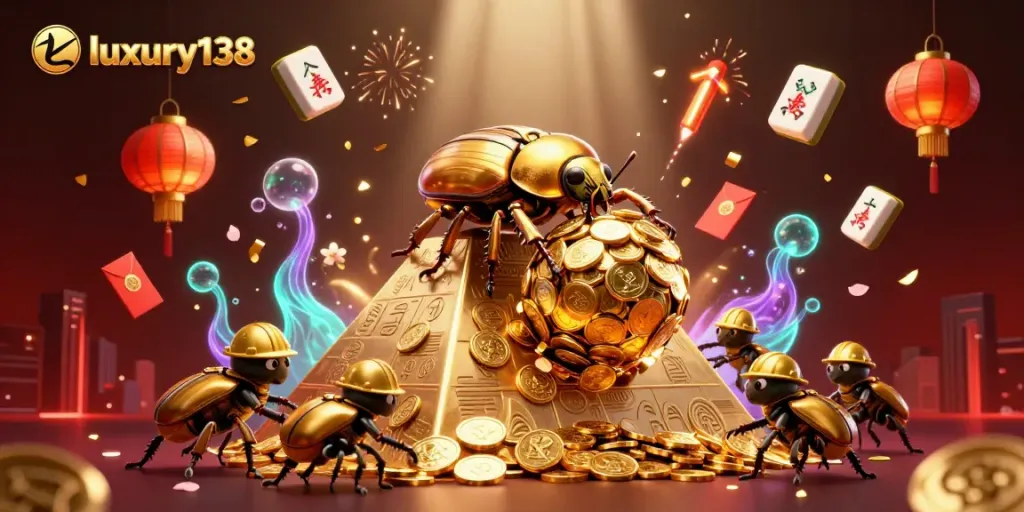 Experience engaging gameplay at luxury138 with dynamic golden beetles and festive casino elements.