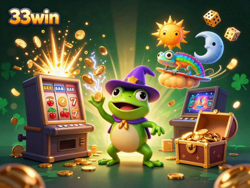 Experience the excitement and winnings with 33win in an enchanting, coin-filled casino scene.
