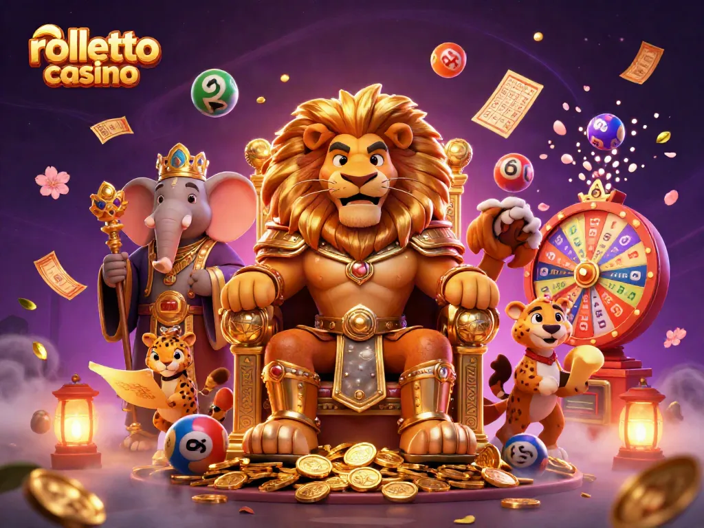 Experience the excitement at Rolletto Casino with a vibrant scene of game characters surrounded by colorful lottery elements.