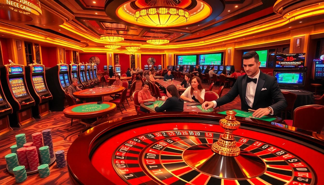 Engaging scene at nhà cái kp88 showcasing vibrant gaming tables and luxurious casino elements.