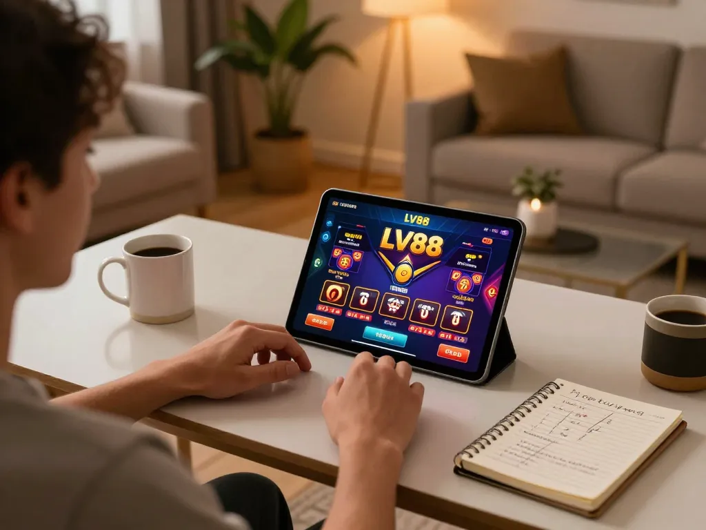 Engaging with LV88 casino on a tablet in a cozy home setting, showcasing interactive online gaming.