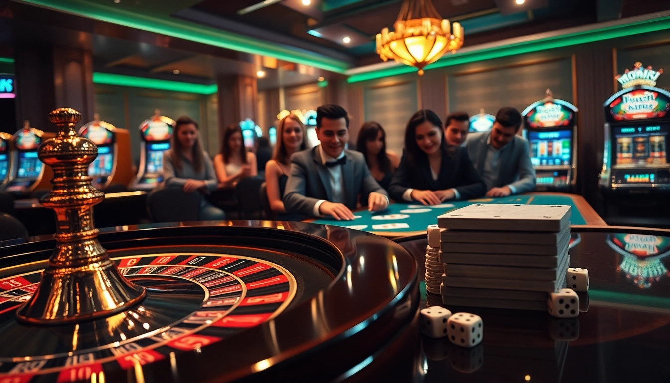 Experience the thrill of tg88 vom with players engaged in professional casino games amid vibrant roulette tables and glowing slot machines.