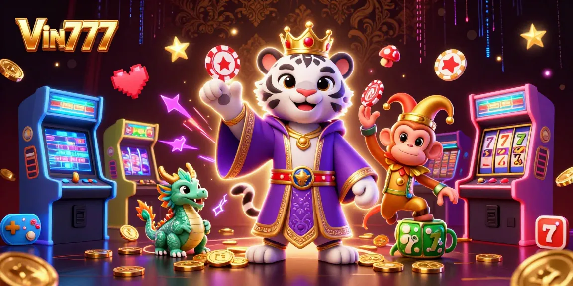 Engage in thrilling adventures with Vin777 at the dynamic online casino featuring a lively tiger, monkey, and dragon.