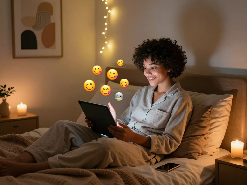 Engaging in a playful ai sex chat on a tablet in a cozy bedroom.