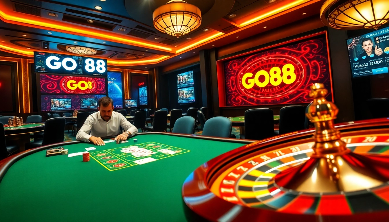 Experience the thrill of gaming at GO88 casino, featuring exciting poker tables and vibrant roulette wheels.