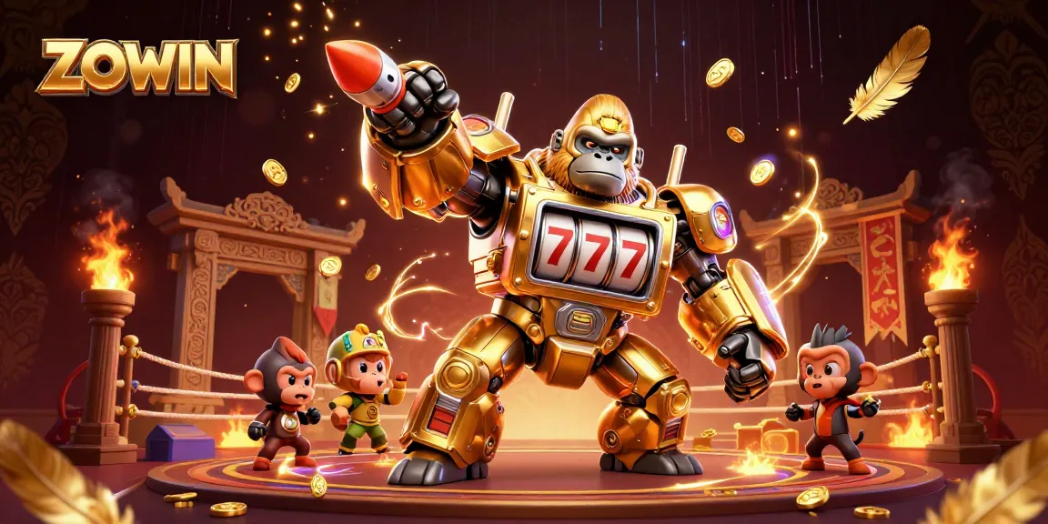 ZOWIN unleashes a dynamic gambling battle with a golden gorilla mech amidst exploding coins and rich casino elements.