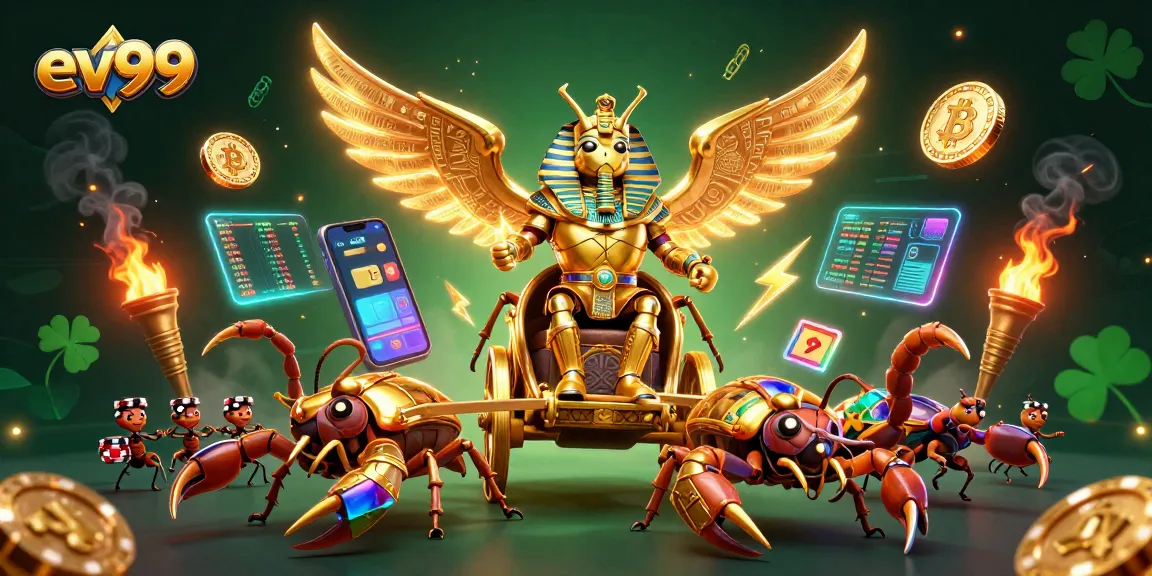Engage with ev99's vibrant 3D digital casino scene featuring a golden scarab beetle and dynamic crypto elements.