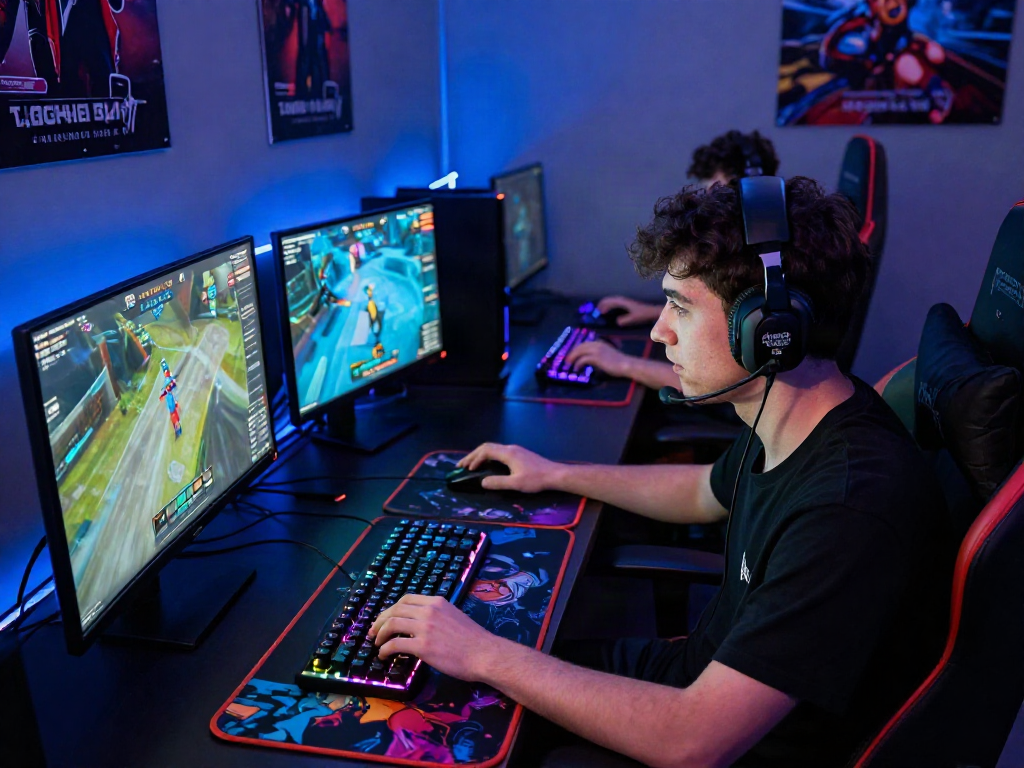 Competitive gaming setup featuring a player at a vibrant computer desk, highlighting intense focus and dynamic peripherals, linked to https://www.78wind.love/.