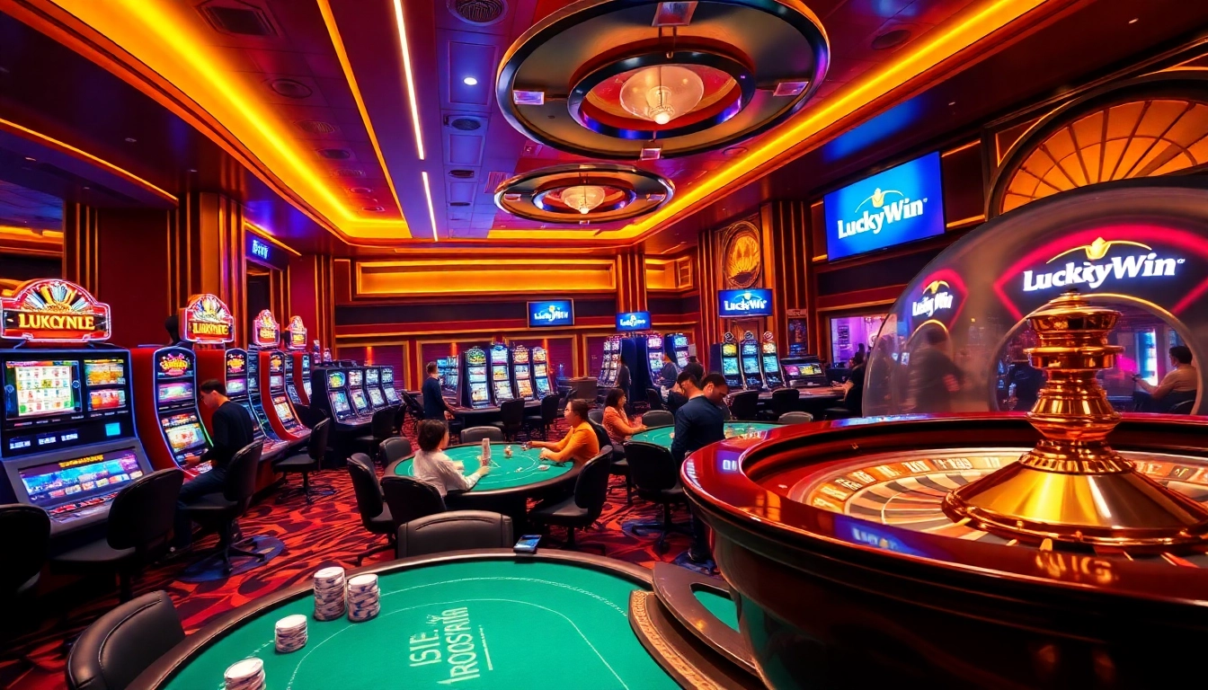 Exciting players enjoying high-stakes games at LuckyWin casino, with vibrant lights and slot machines.