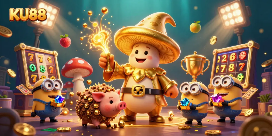 Experience the magic of KU88 with a golden mushroom wizard amid dynamic slot elements.