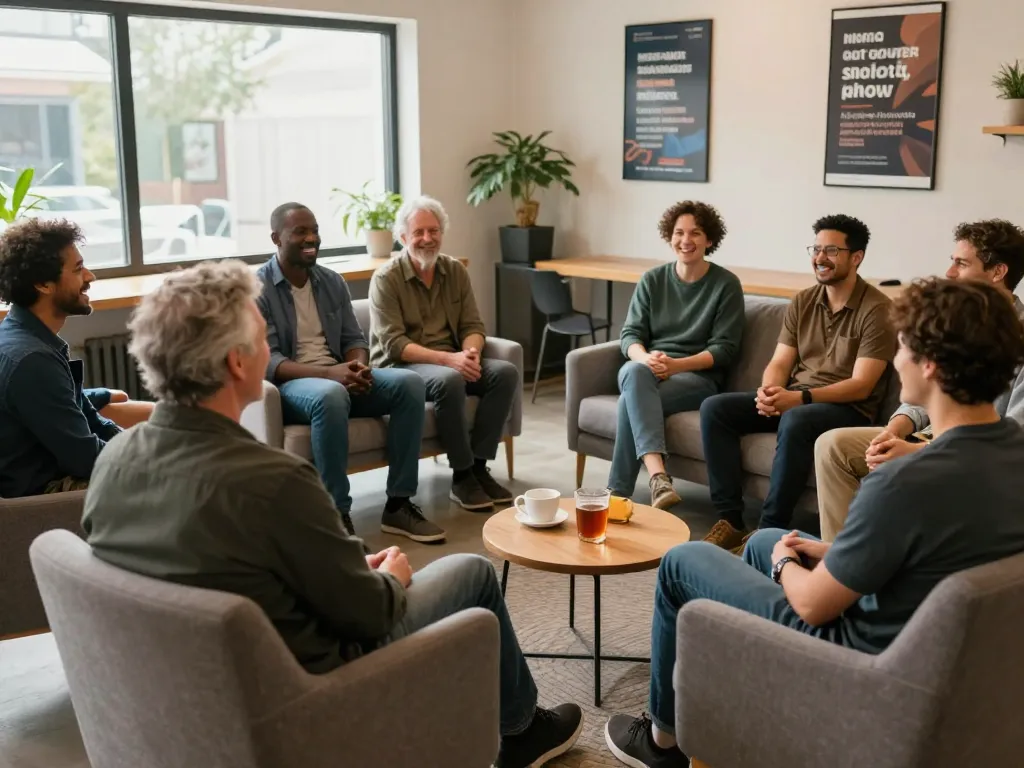 ManClub community gathering promoting mental health support among men in a warm, inviting environment.