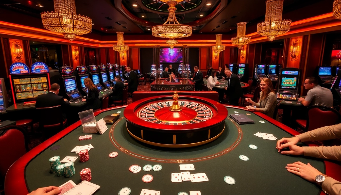 SODO Casino's vibrant gaming scene with poker tables, roulette wheels, and slot machines.