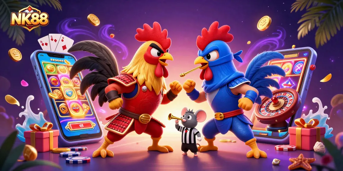 NK88 showcases thrilling rooster duel amid vibrant casino elements and colorful game graphics.
