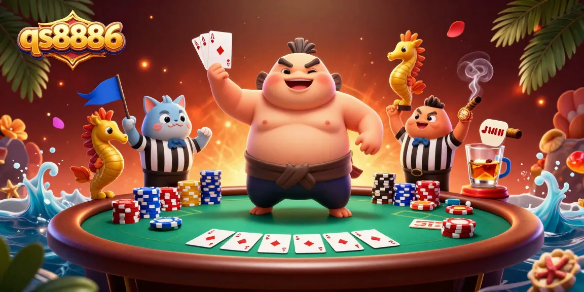 Engage with exciting poker action at qs8886 featuring a fugu wearing a mawashi and dynamic poker elements