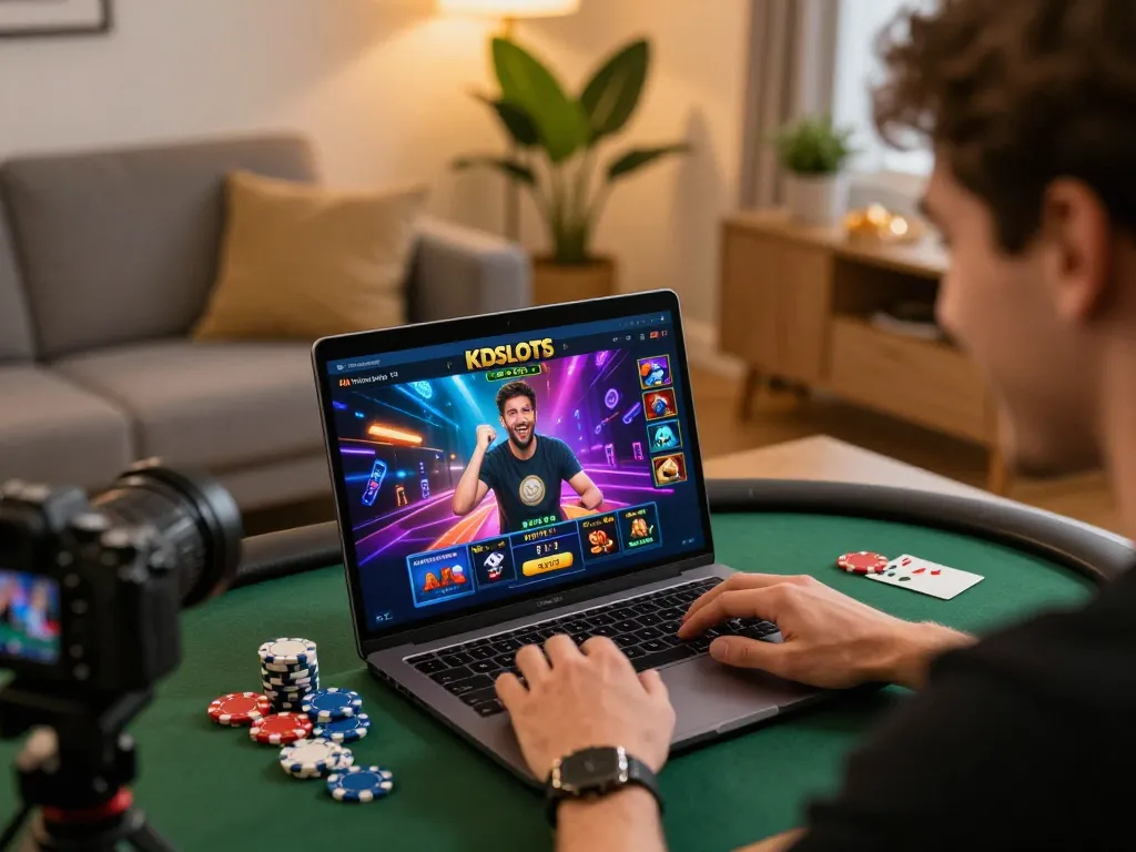 KDslots players enjoying an exciting online gaming session with vibrant interface on laptop