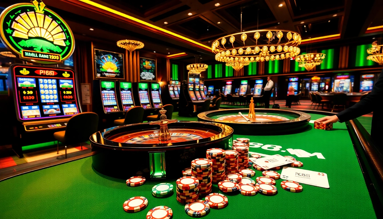 Players enjoying a thrilling game at KP88 casino, surrounded by vibrant slots and roulette tables.