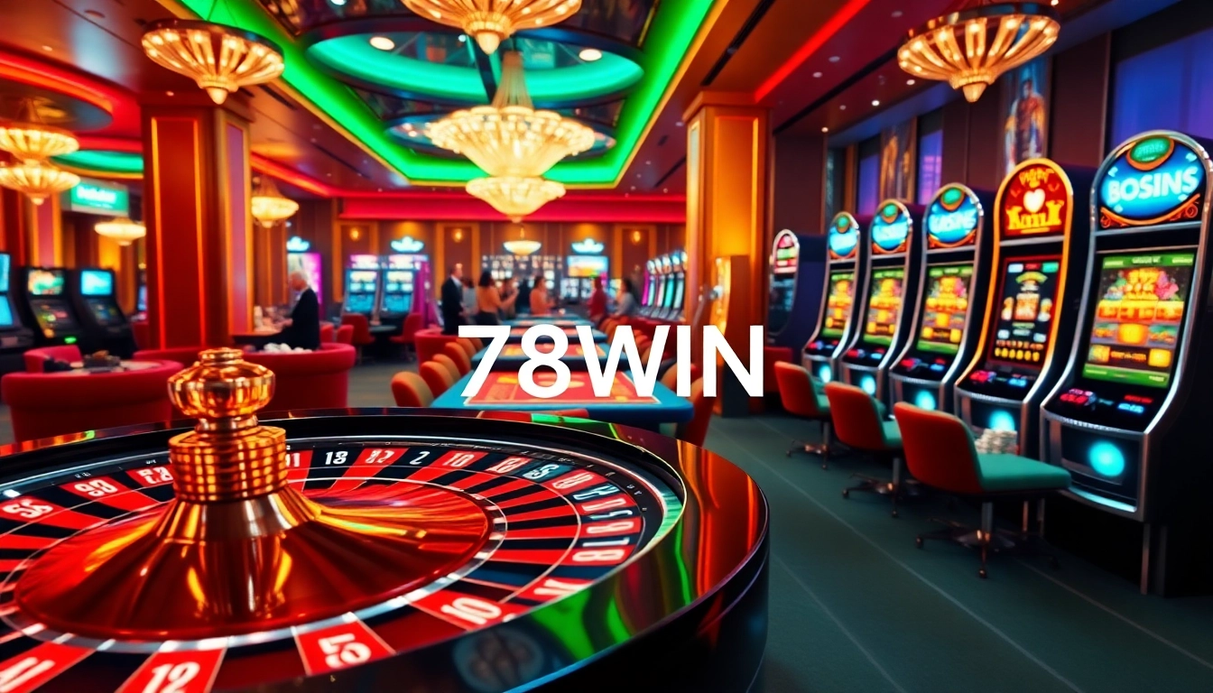 Experience excitement at the 78WIN casino, showcasing players enjoying games with vibrant lighting and high-stakes action.