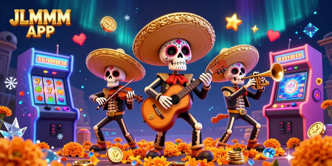 Experience the excitement of slots at JLMMM APP with vibrant 3D illustrations of a mariachi band and slot game elements.