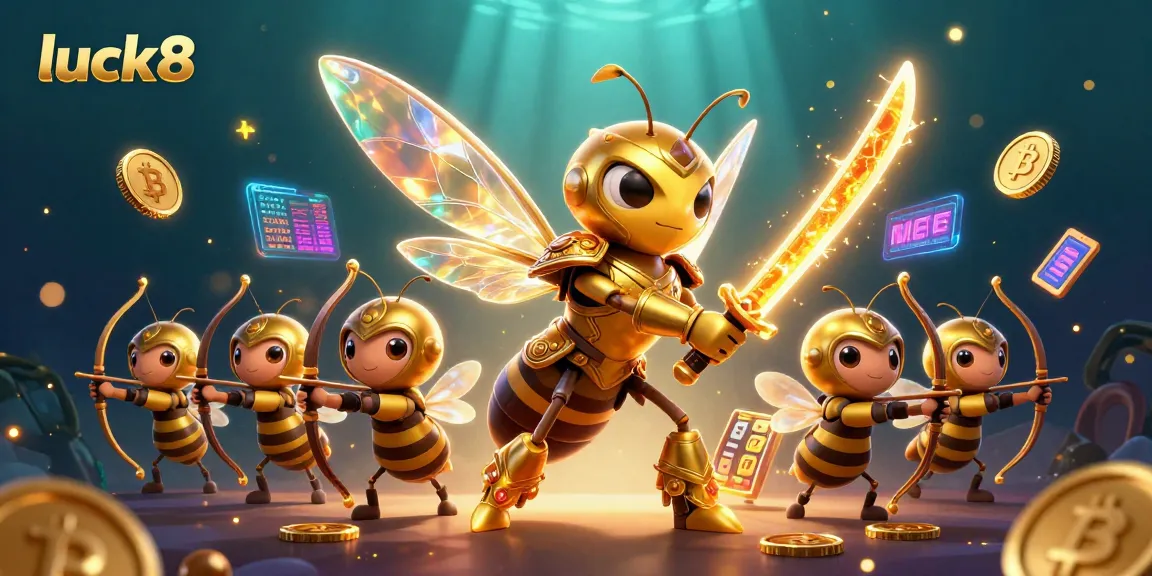 Play casino games at luck8 with a vibrant scene of cartoon characters and slot reels