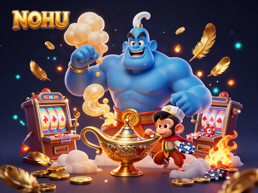 NOHU captures the excitement of slots gaming with its vibrant 3D genie and flying carpet scene.