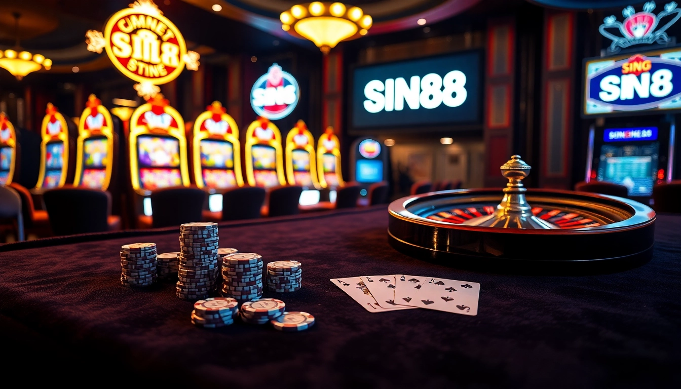 SIN88 high-stakes poker table with chips and cards in an elegant casino setting.
