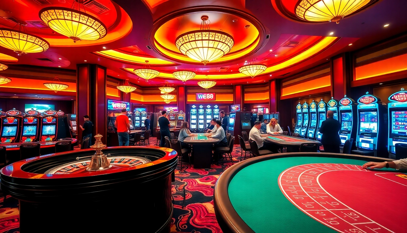 WE88 casino gaming area with vibrant roulette and poker tables, reflecting excitement.