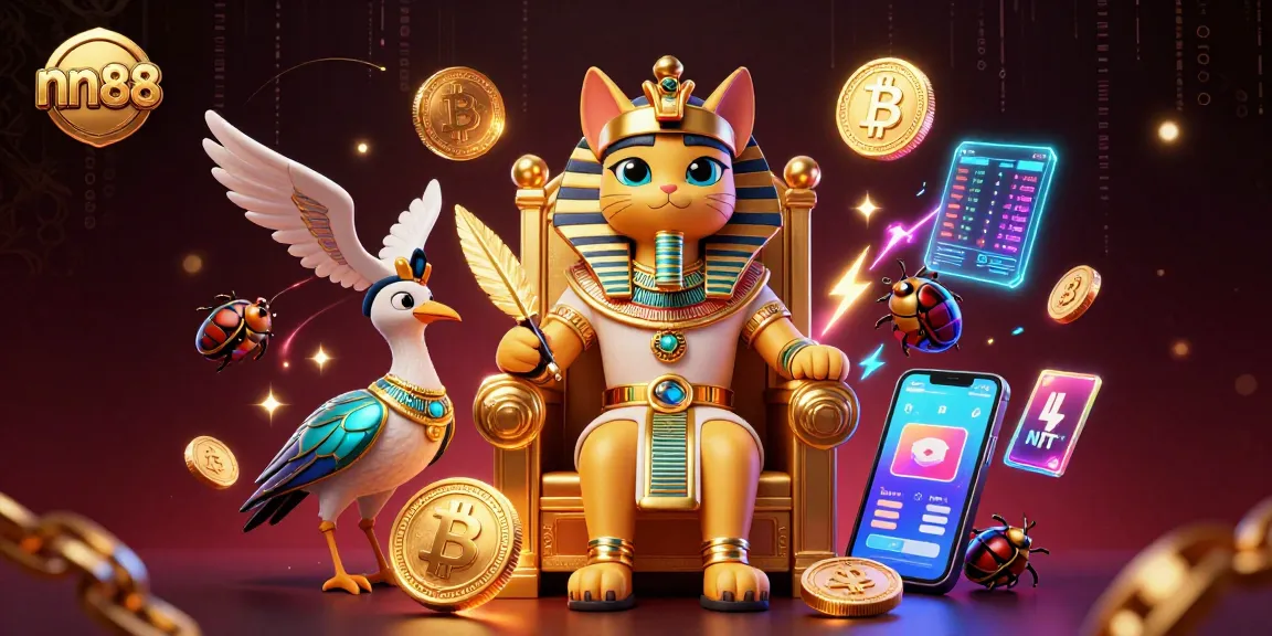 Engage with nn88's dynamic casino experience featuring an Egyptian pharaoh cat amidst vibrant crypto elements.