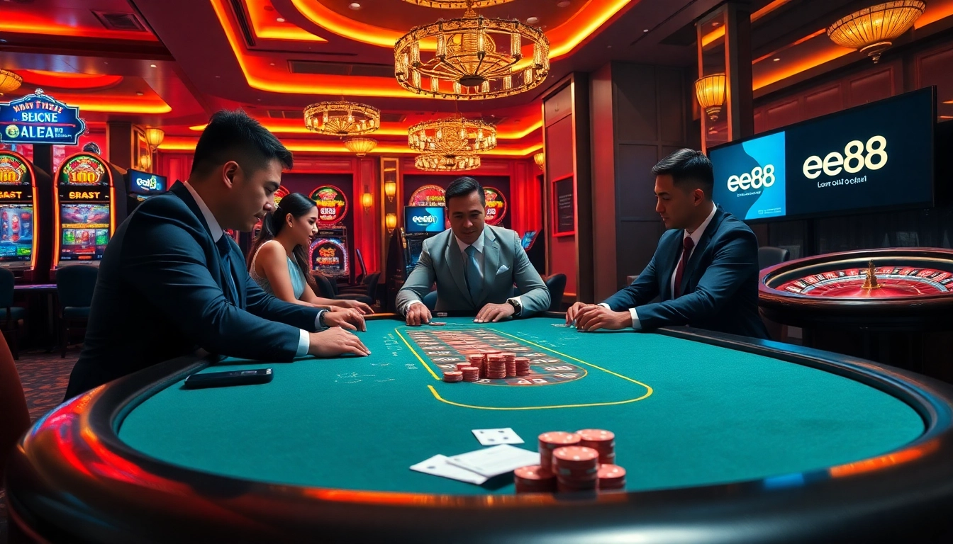Feel the thrill at the ee 88 poker table with vibrant players and luxurious casino elements.