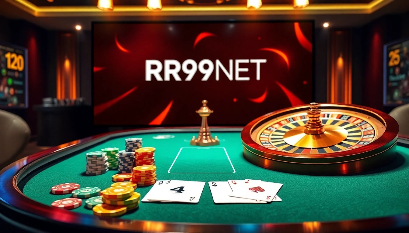 Experience exhilarating winnings at RR99NET with vibrant casino scenes featuring roulette wheels and poker chips.