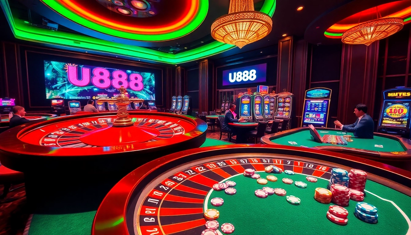 Experience thrilling gambling action at U888's luxury casino setup, featuring roulette and poker tables.