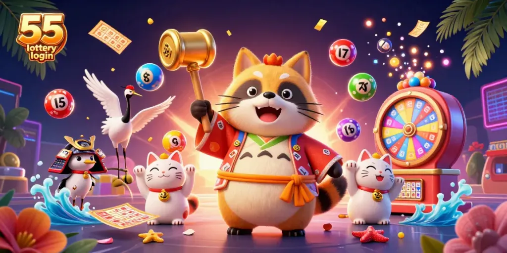Engage with exciting games via 55 lottery login, featuring vibrant lottery elements and cheerful characters.