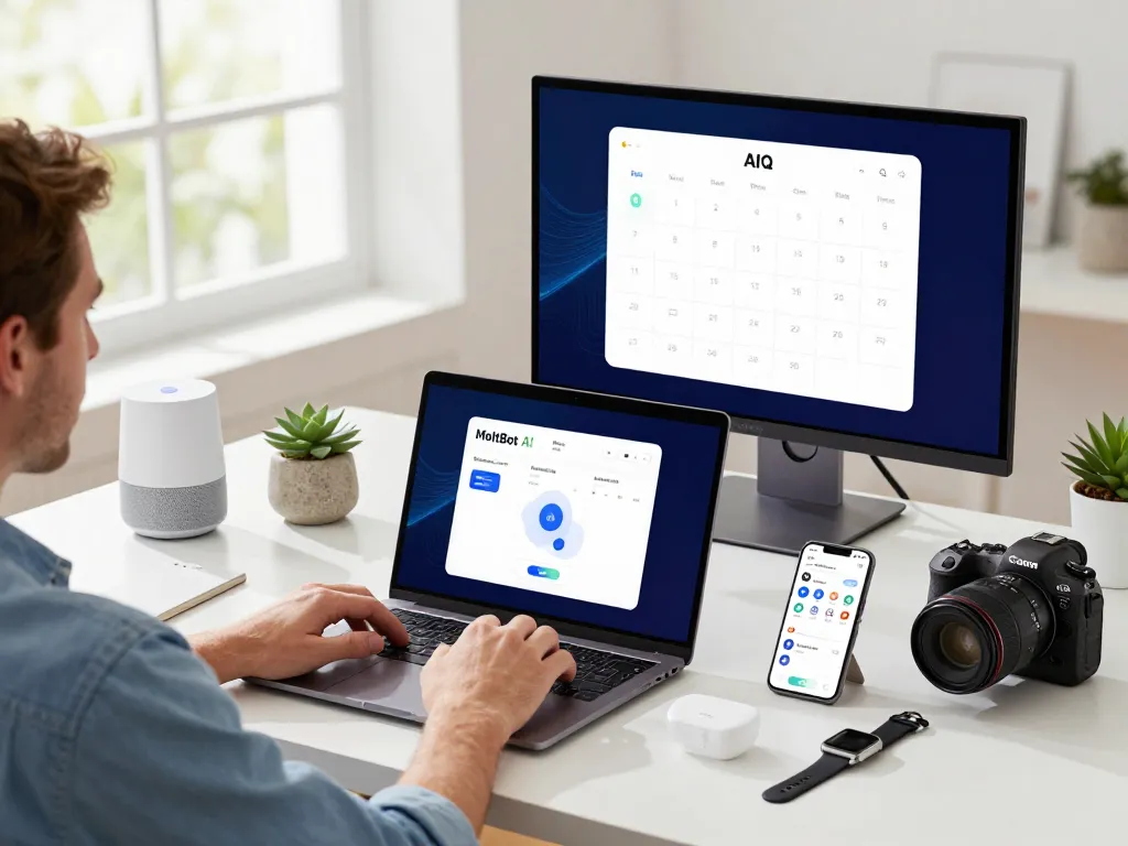 MoltBot AI personal assistant in action within a modern home office, enhancing productivity with seamless task management.