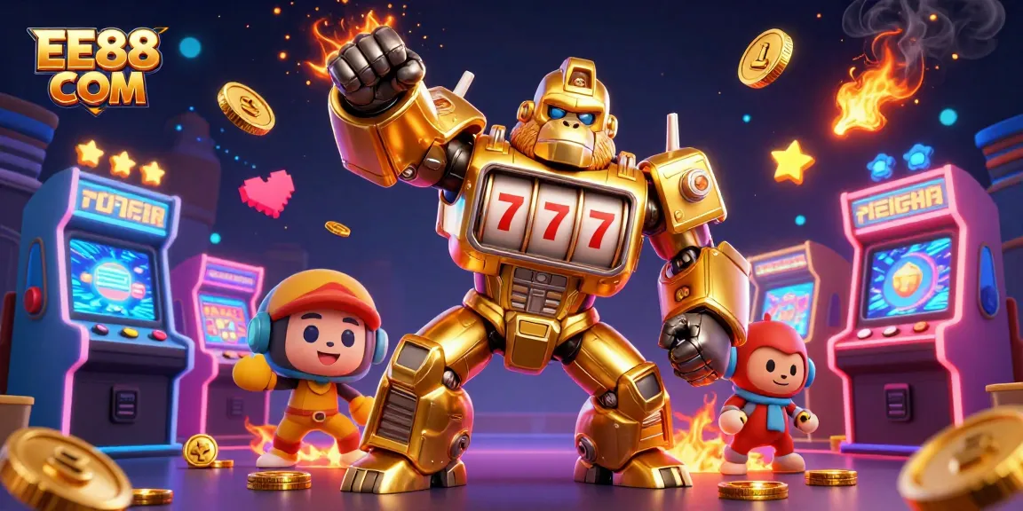 Experience the thrill of winning at EE88 COM with a dynamic 3D casino scene featuring a golden mech and arcade games.