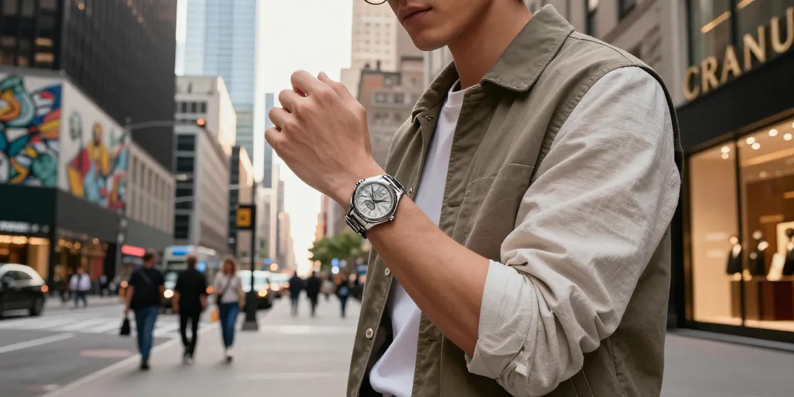 Stylish individual showcasing replica watches in an urban setting with luxury storefronts and vibrant city life.