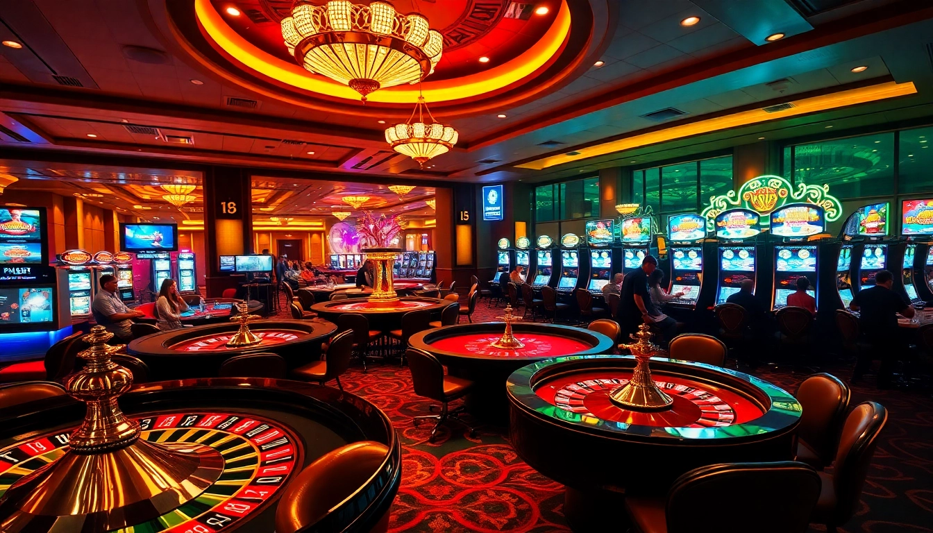 Action-packed gaming scene showcasing players at https://xx88.promo/ casino tables and slot machines.