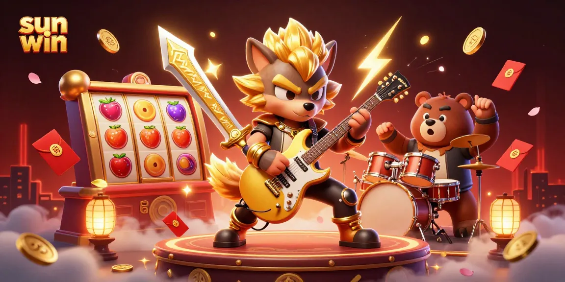 Spin the reels and win big with sun win, featuring a rock star wolf jamming on stage with thrilling slot elements.