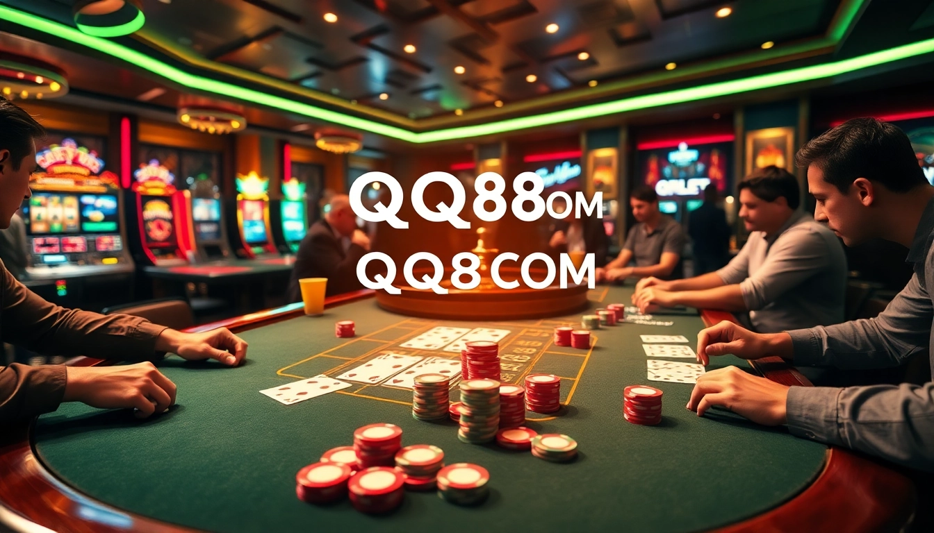Players immerse in high-stakes poker at QQ88 COM's luxurious casino.