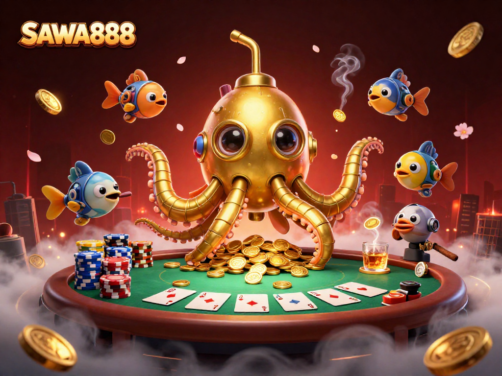 Engage with SAWA888 and its golden kraken submarine amidst vibrant casino action.