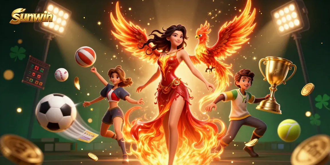 Join the thrilling action at sunwin, where a stunning Asian woman and fire phoenix soar above dynamic sports betting elements.