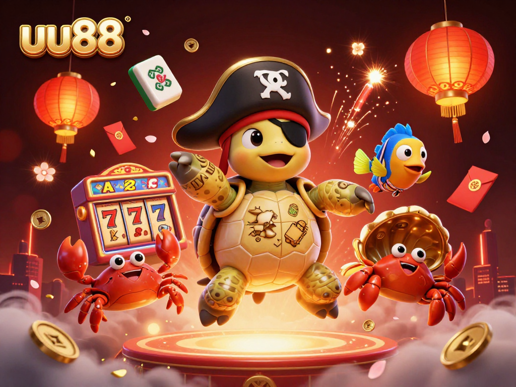 Engage with the thrilling uu88 casino world featuring a vibrant pirate turtle amidst slot reels and festive decorations.