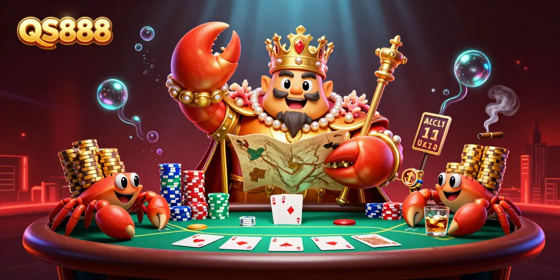 QS888 players explore a vibrant casino world surrounded by colorful poker elements and characters.