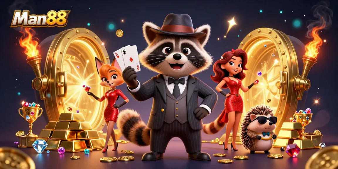 Play with the suave raccoon and friends as Man88 brings thrilling casino action to life!