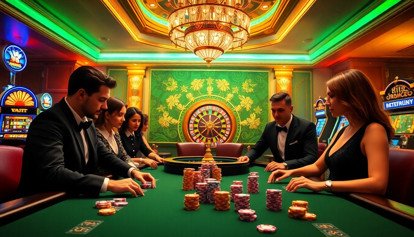 Players enjoy thrilling poker action at PG88 casino with vibrant chips and roulette in view.