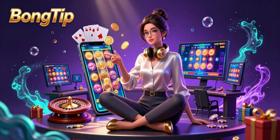 BongTip showcases an animated scene of a professional gamer amidst casino-themed elements, targeting immersive experiences.